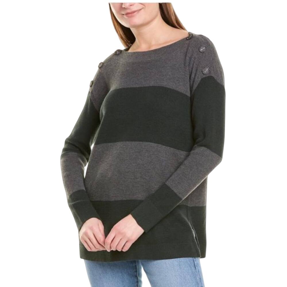 Vince Camuto Oversized Sweater Pullover Knit Green Gray Varsity Striped Small